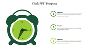 Clock illustration in green with three captions aligned vertically on the right, connected by lines and arrow icons.