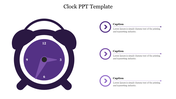 Clock illustration in purple with three captions aligned vertically on the right, connected by lines and arrow icons.