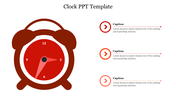 Alarm clock icon in red and brown, paired with captions and arrow icons to the right featuring circular icons and text.