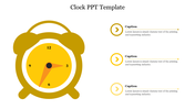 Clock PowerPoint template featuring a yellow alarm clock and three caption sections.