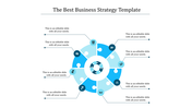 Business strategy slide featuring a circular diagram with interlinked segments, icons, and caption areas.