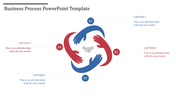 Business process PowerPoint slide with interlocking hands symbolizing collaboration, with four caption areas for text.