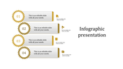 Vertical infographic with four gold circular badges numbered 01 to 04, linked to editable text boxes and icons.