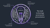 Technology slide with a purple lightbulb graphic, surrounded by circuit lines and four linked captions in a dark background.
