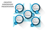Creative PowerPoint template with five circular icons representing different media, such as film, music, and painting.