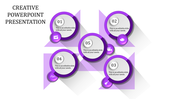 Creative layout with five purple rimmed circular shapes, each with icons and captions, arranged in a geometric pattern.