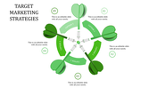 Target marketing strategies infographic with five red darts pointing to a central target and labeled captions areas.