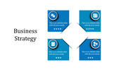 Business strategy slide with four blue boxes, each containing an icon and placeholder text, arranged in a diamond format.