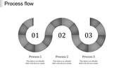 Gray wavy process flow diagram with three segmented curved shapes labeled 01 to 03 and captions below.