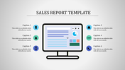 Sales report PPT template featuring a computer screen with data, charts, and colorful icons.