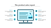 Infographic showcasing a central blue monitor with a pie chart and text, surrounded by six product related captions.