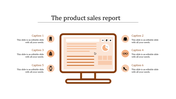 Sales report template featuring a computer monitor in brown and six captions with icons for products.