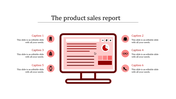 Sales report slide with a computer screen displaying product sales data, including a pie chart and icons with captions.