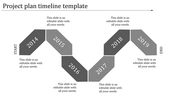 Gray project timeline template, featuring years from 2014 to 2019, with text sections.