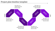 Project timeline template with a purple design, showing each year's step from 2014 to 2019 with placeholder text.