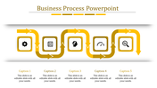 Business process slide with a yellow zigzag arrow connecting five square icons, each representing a different step.