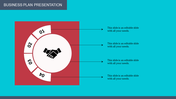 Business plan PowerPoint template featuring a handshake icon and four numbered sections, each with text on a blue backdrop.
