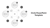 Monochromatic circular infographic slide with four main sections, each labeled with icons and percentage figures.