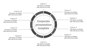 Gray circular infographic with ten captions evenly spaced around a central corporate presentation title.