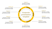 Corporate PowerPoint template featuring a yellow circular design with 10 sections for captions with placeholder text.