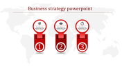 Red-themed three-step business strategy infographic featuring icons for goal, vision, and time on a subtle global map.