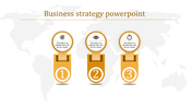 Minimalist three-step strategy template in gold, each step labeled with an icon and number on a world map.