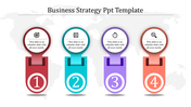 Business strategy PPT slide featuring four colored sections with icons for goals, analysis, time, and monitoring with text.