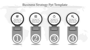 Gray themed infographic with four vertical steps, circular icons on top, and numbered sections over a world map.