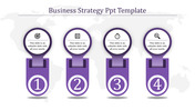 Four-step business strategy design in purple, each step showing an icon and number over a muted world map backdrop.