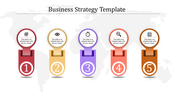 Colorful five-step business strategy slide with icons and numeric labels on a subtle global map background.