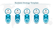 Teal-themed five-step business strategy slide featuring icons, numbers, and a subtle world map background.