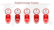 Infographic showcasing five numbered red blocks with circular icons, arranged horizontally over a faint world map.