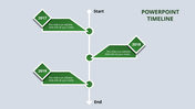 Green PowerPoint timeline template showing years 2017 to 2019 with text fields and start and end markers.