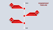 Timeline design featuring three red diamond markers for years, arranged on a vertical path from start to end.