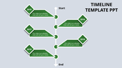 Vertical timeline with five green diamond shaped markers for years, text fields, and labeled start and end points.