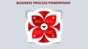 Business process PowerPoint template with four red segments A, B, C, and D, and a handshake graphic in the center.