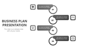 Business plan PPT slide with numbered steps 01 to 04 and icons for ideas, strategy, progress, and timing on a gray theme.