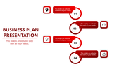 Vertical business template with four red elements, featuring step icons and text details on a clean white backdrop.