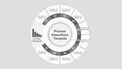 Process PPT slide with a gray circular layout, featuring ten sections representing a 10 step process, each with a text area.
