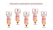 Set of five stylized pencils with educational icons and text boxes, symbolizing different aspects of learning and academia.