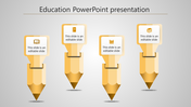 Education themed infographic with four yellow pencils, each featuring an icon and a floating caption areas.