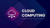 Cloud computing slideswith dark blue purple theme, cloud icon, service blocks, charts, icons, and clean layouts for insights.