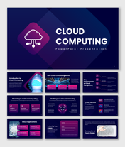 Cloud computing slideswith dark blue purple theme, cloud icon, service blocks, charts, icons, and clean layouts for insights.