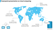 A slide showing a world map with cloud computing locations in the United States, Brazil, South Sudan, Russia, and Australia.