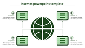 Internet PPT slide featuring a central globe with four connected devices, representing global connectivity and data sharing.