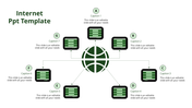 Internet connectivity concept with a dark green global network symbol branching out to seven digital screens through  arrows.