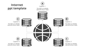 Grayscale radial layout with a globe icon at the center and five linked rectangles placed around it.