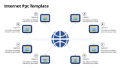 Internet communication concept featuring a blue global network symbol at the center, connected to eight digital screens.