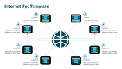 Slide featuring a central globe icon with connected nodes representing different aspects of the internet with captions.
