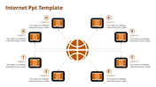 Internet communication concept displaying a network symbol at the center, connected to eight digital screens in orange.